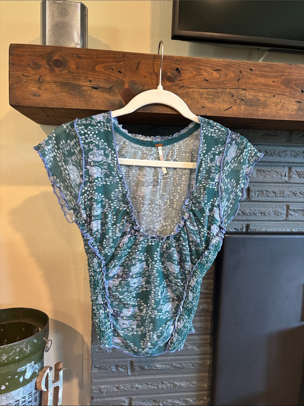 Free People Teal Floral Ruffled V-Neck Blouse